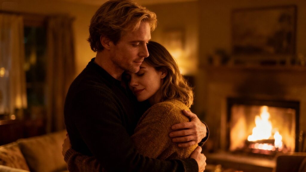 Couple embracing intimately, soft lighting, blurred background.