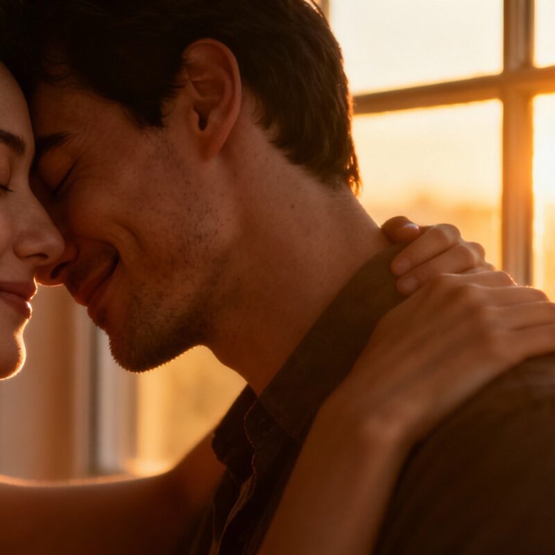 Couple embracing intimately, warm light, close connection.