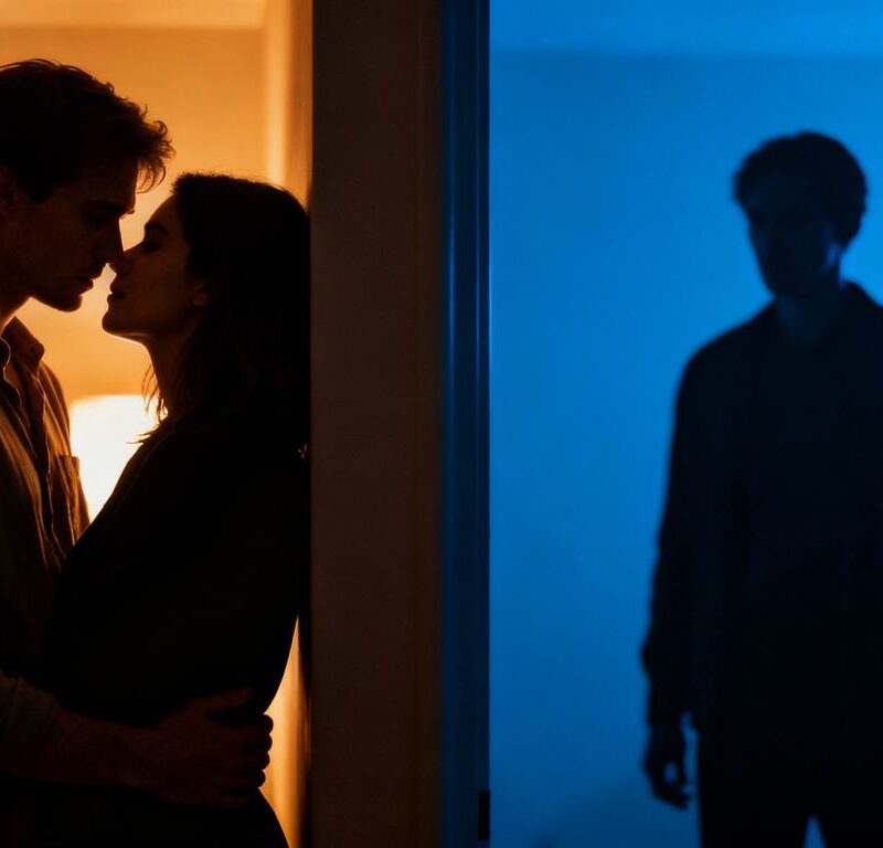 Couple embracing, observed by a shadowy figure.