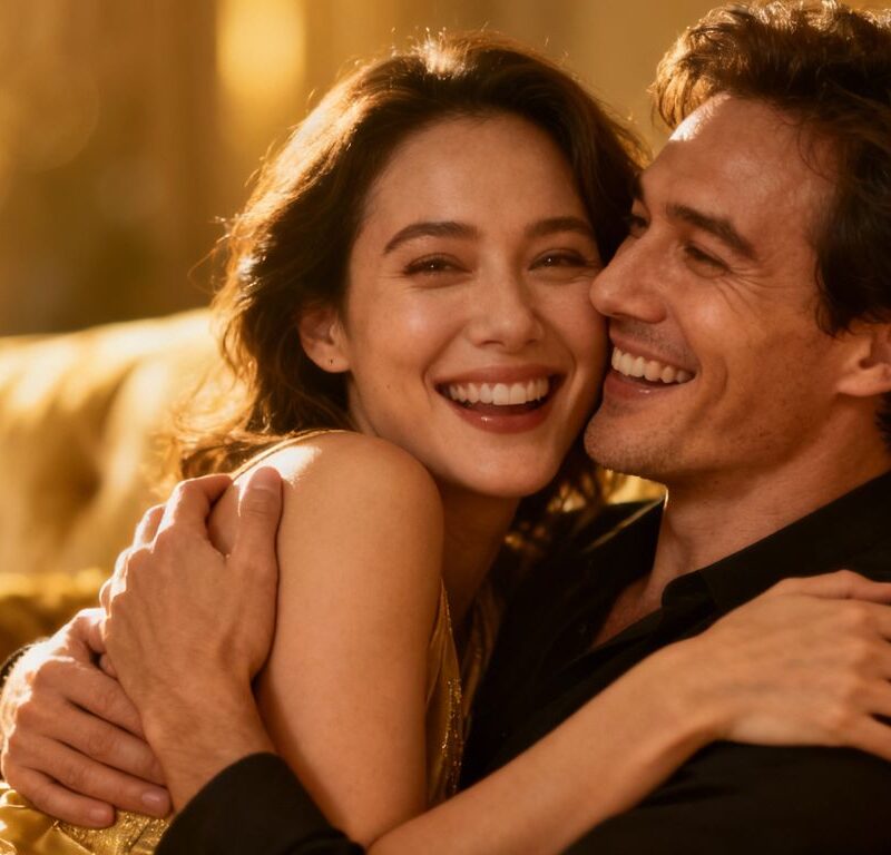 Couple embracing on a sofa, intimate and content.