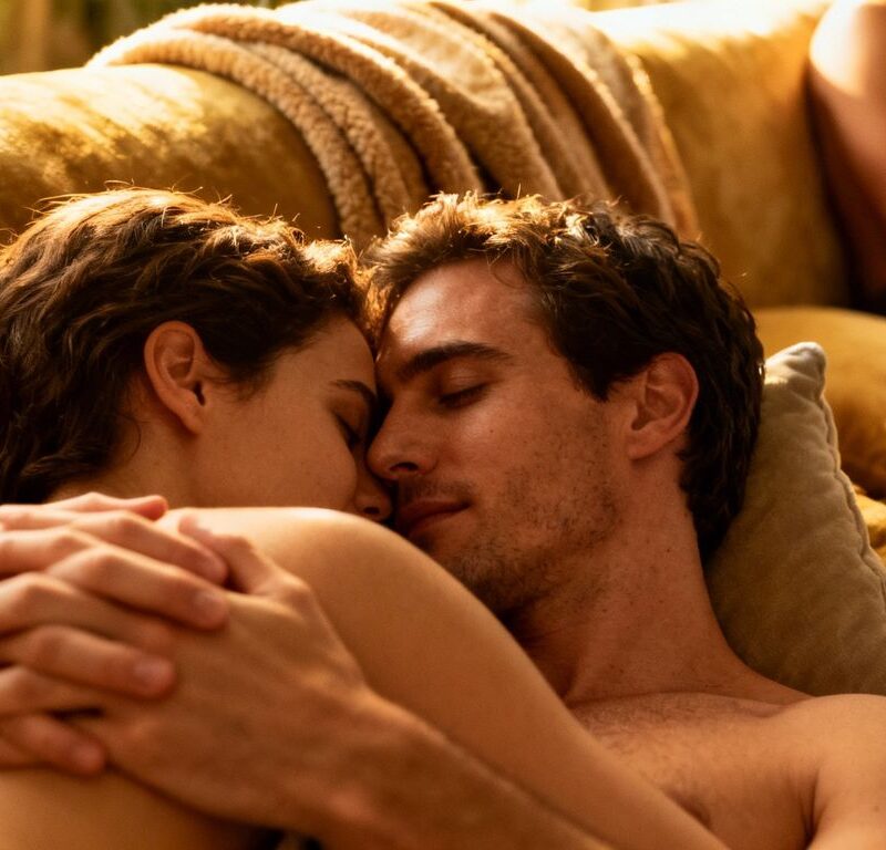 Couple embracing on couch, another person in background.