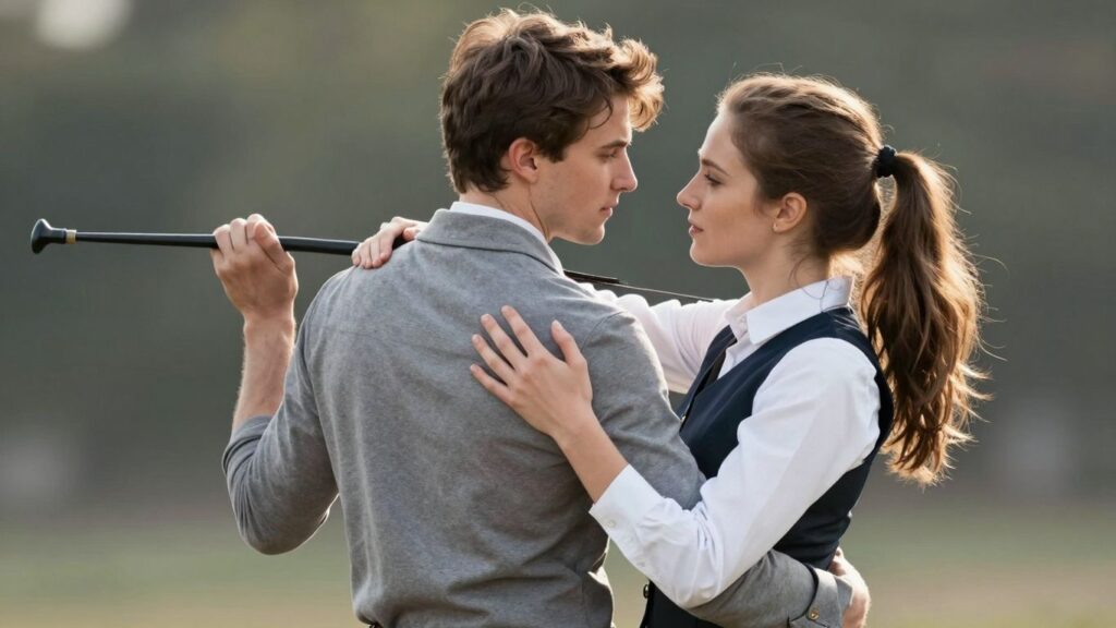 Couple embracing, one holding a riding crop.