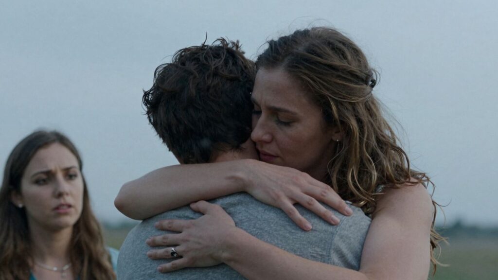 Couple embracing, third person observing with complex emotions.