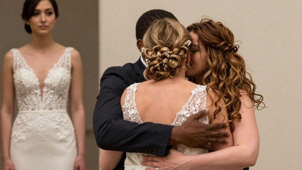 Couple embracing, wedding dress, infidelity theme