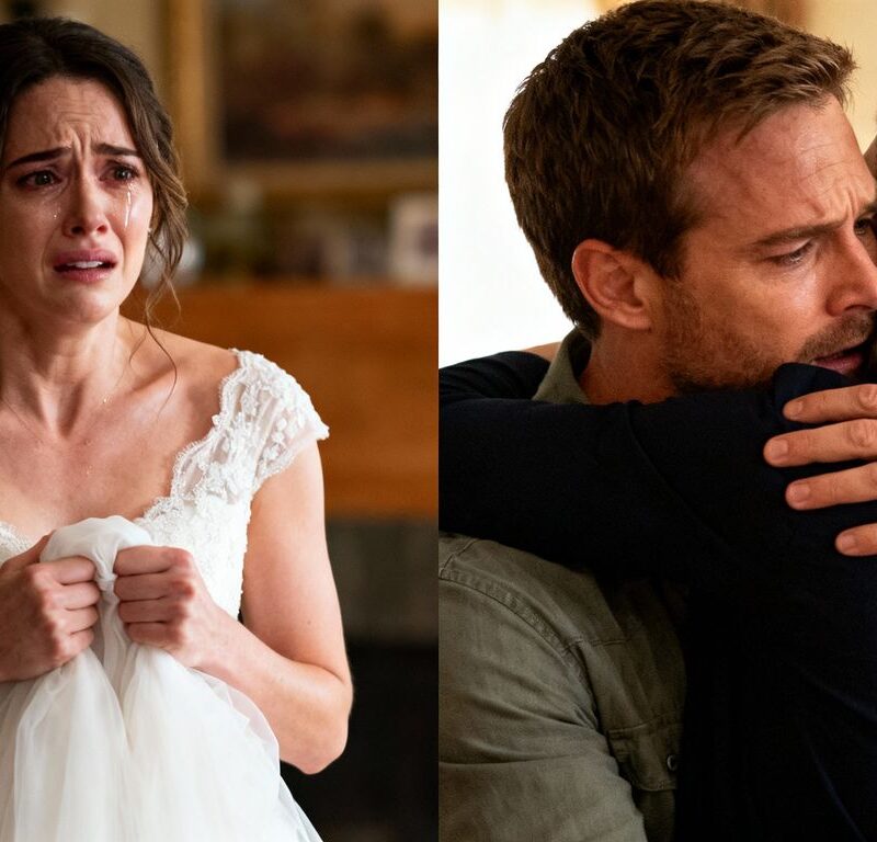 Couple embracing, wedding ring visible, distressed bride.