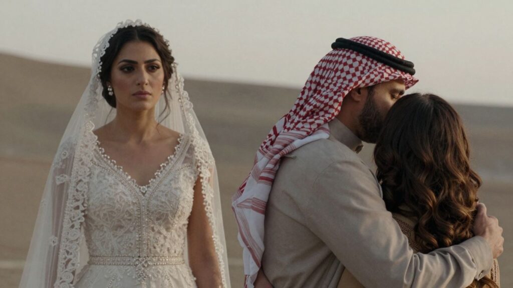 Couple embracing, woman in wedding dress looking away.