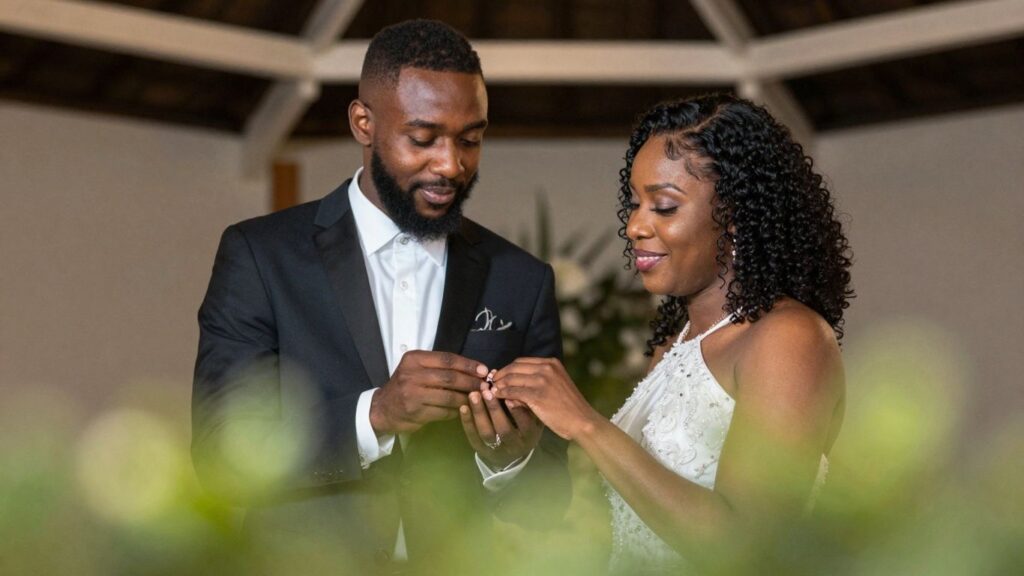 Couple exchanging wedding rings, symbolizing commitment.
