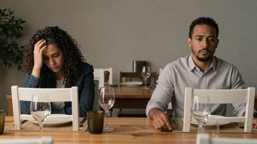 Couple facing away from each other at a dinner table.