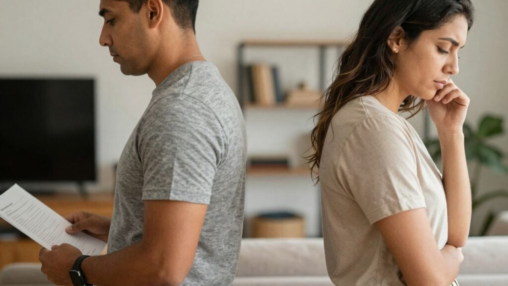 Couple facing away, one holding marriage contract document.