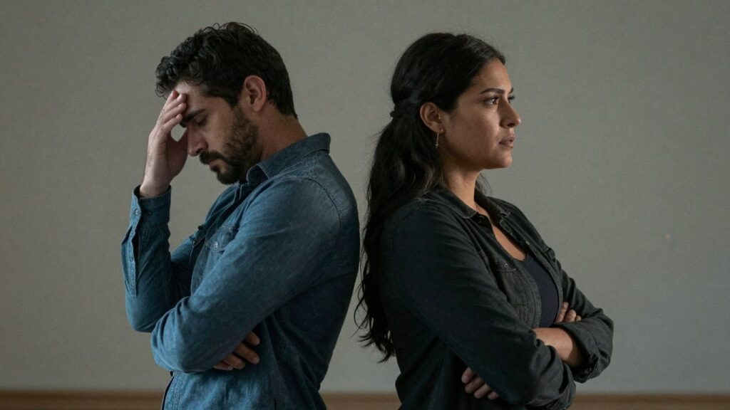 Couple facing away, one reaching out, ethical dilemma.