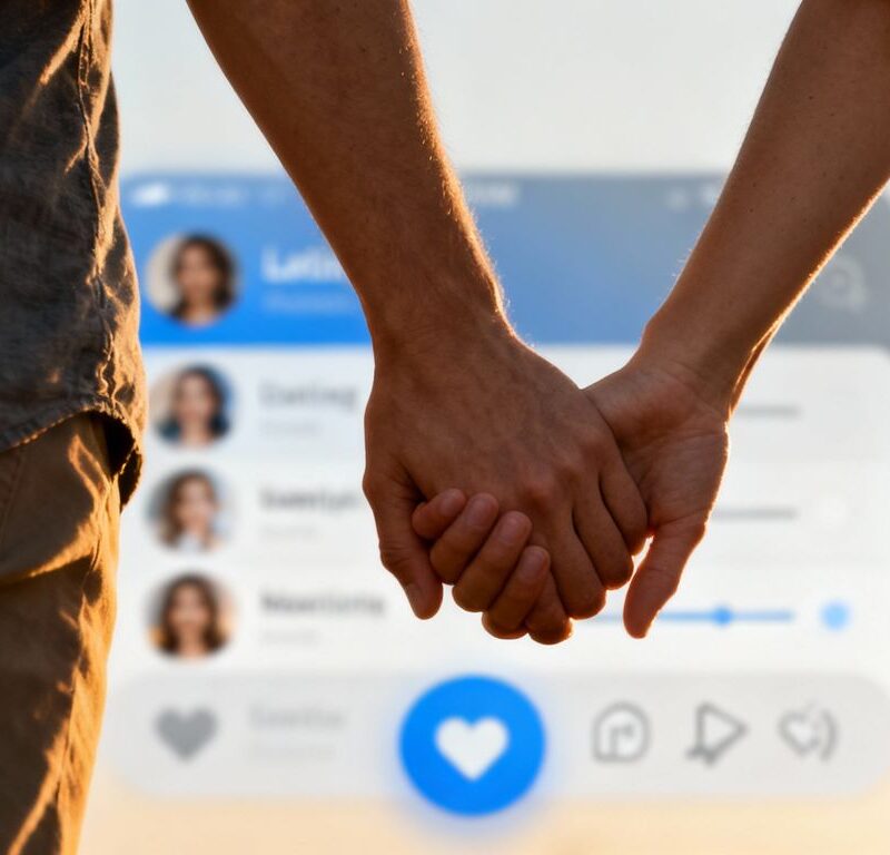 Couple holding hands, dating app background, polyamory concept.