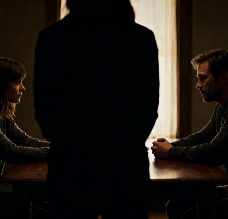 Couple ignoring each other at dinner table, shadowy figure between them.