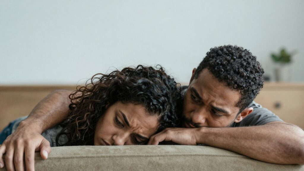 Couple in a tense embrace, emotional distance