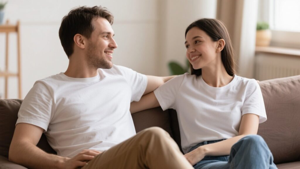 Couple in casual setting, comfortable companionship.