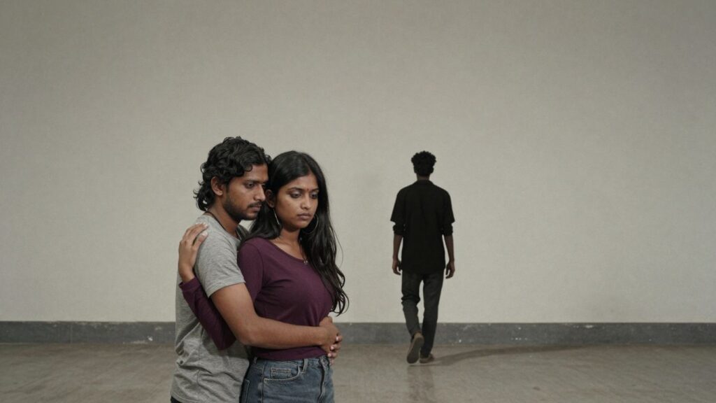 Couple in conflict, person leaving a group.