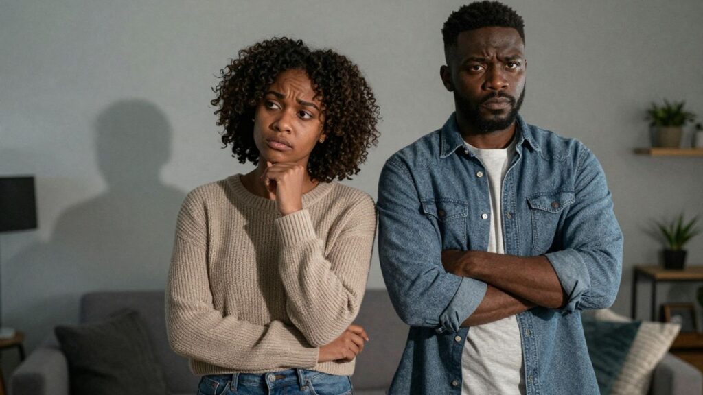 Couple in conflict, third party implied.