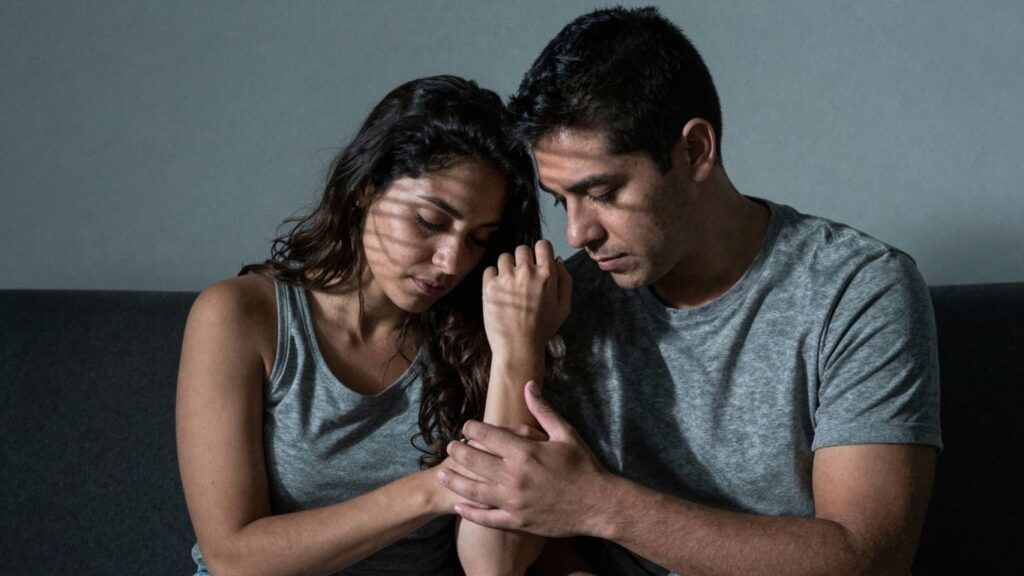 Couple in dimly lit room, gentle touch, intimate atmosphere.