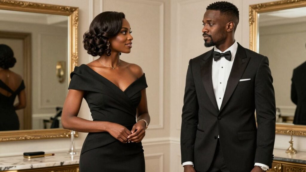 Couple in formal attire preparing for a Black Sheet Party.