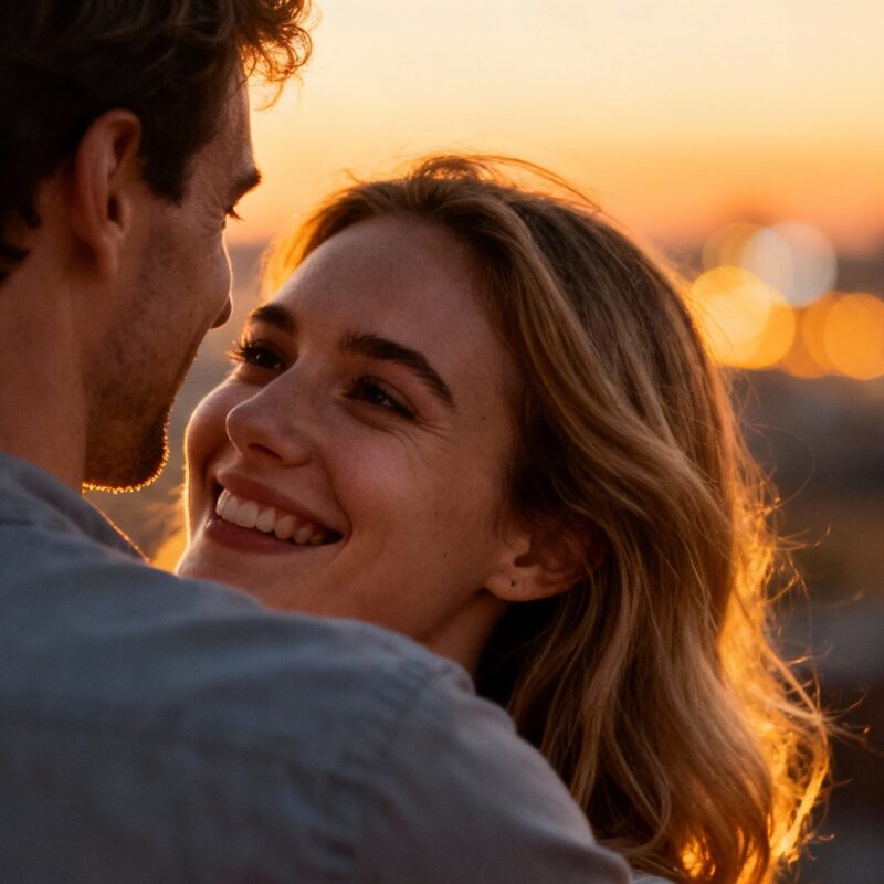 Couple in intimate embrace, warm lighting, blurred background.