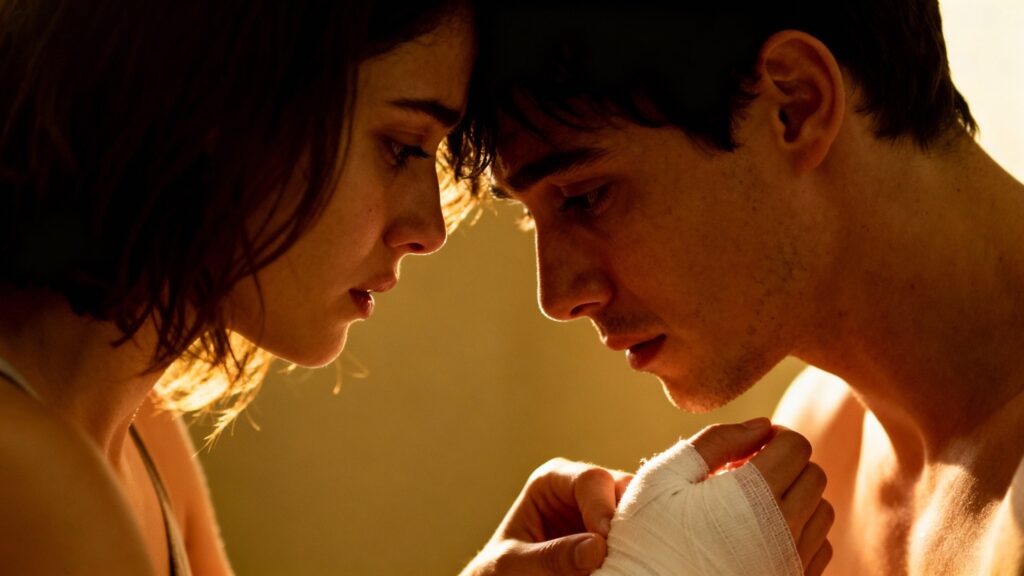 Couple in intimate embrace with subtle BDSM elements.