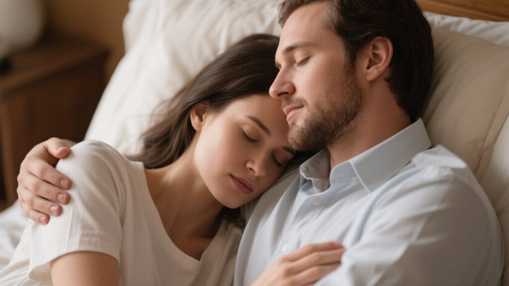 Couple in tender aftercare, eyes closed, serene expressions.