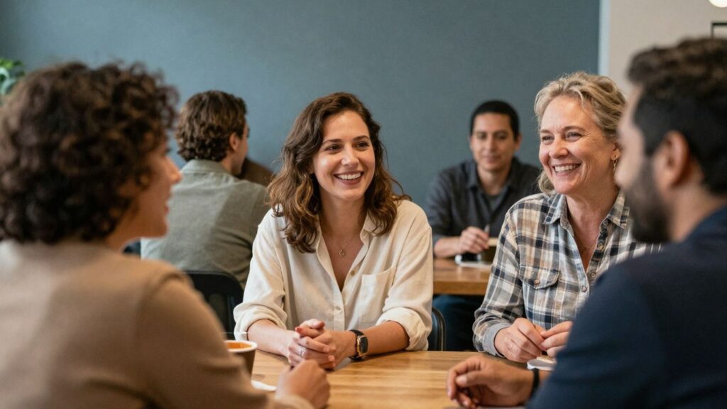 Couple interacting with other couples in a social setting.
