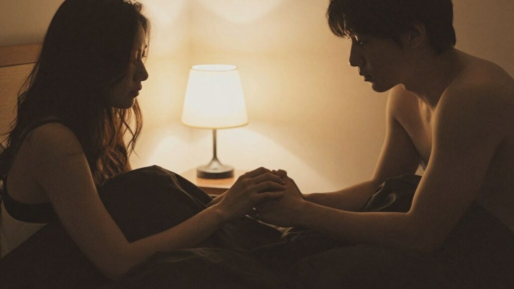 Couple intimately connected under a black sheet.