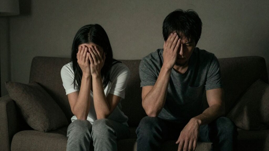 Couple looking distressed with a shadowy figure behind them.