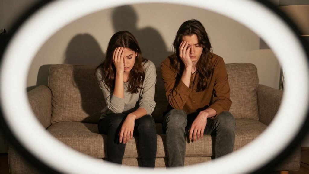 Couple looking stressed with a third person looming behind them.