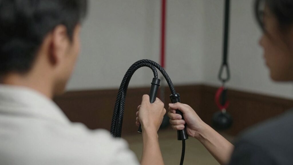 Couple preparing for a consensual BDSM scene.