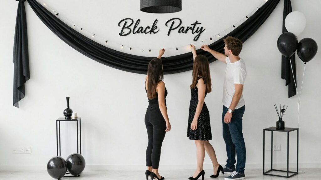 Couple preparing home for a Black Sheet Party.