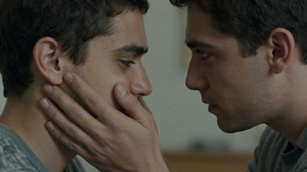 Couple sharing a tender, comforting moment after an intense scene.