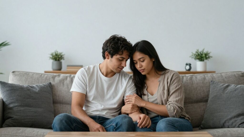 Couple sharing an intimate moment on a couch.