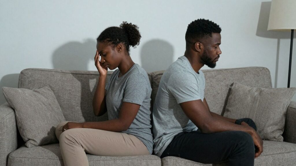 Couple sitting apart, showing relationship disconnect.