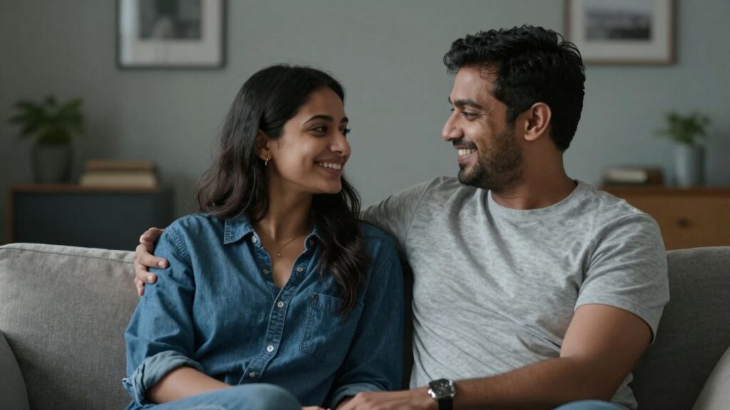 Couple smiling intimately in a cozy living room.