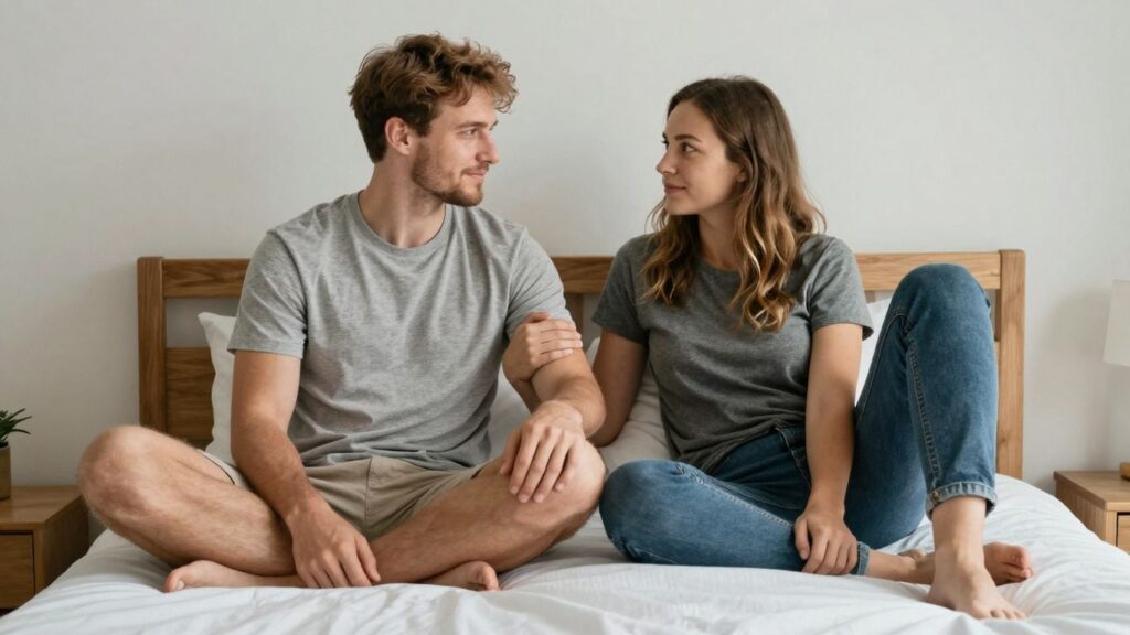 Couple talking intimately on a bed.