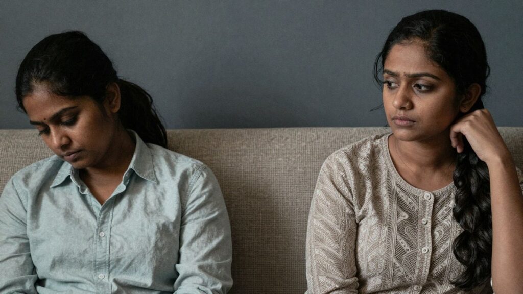 Couple with emotional distance on a couch.