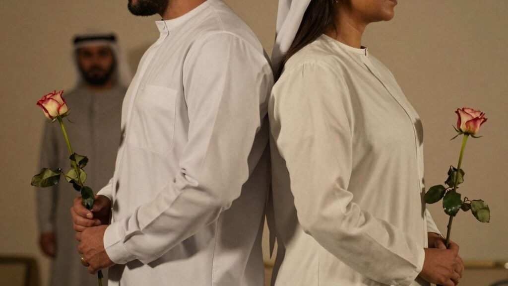 Couple with emotional distance, one holding a wilting rose.