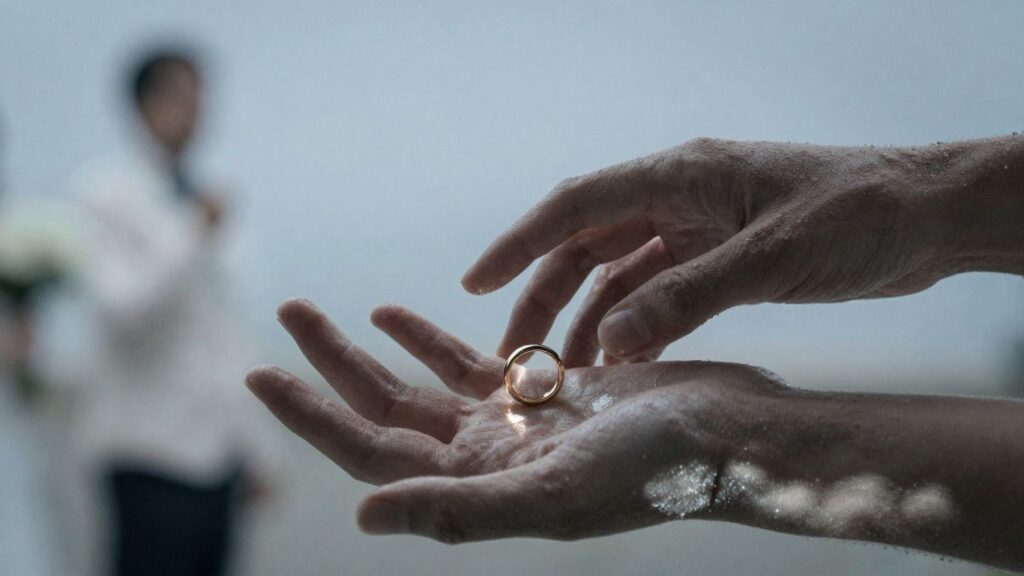 Couple with one person reaching for the other's ring.