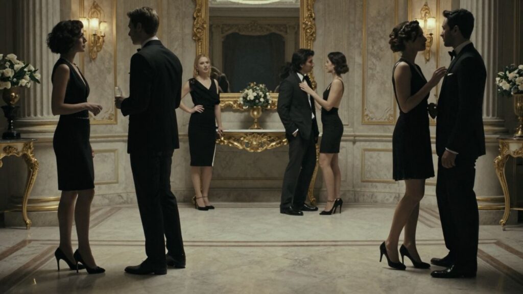 Couples at a sophisticated black sheet party event.