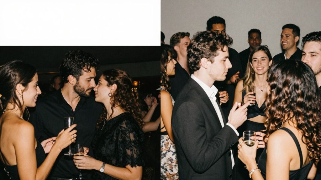 Couples at a sophisticated party versus a lively, diverse social gathering.