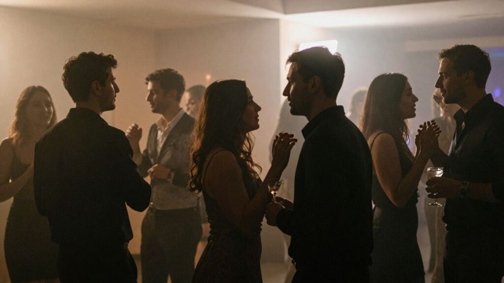 Couples flirting at a sophisticated black sheet party.