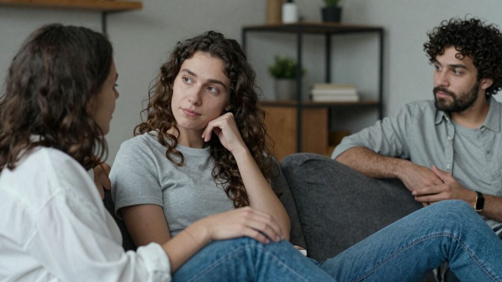 Couples in a comfortable setting, exploring ENM relationships.