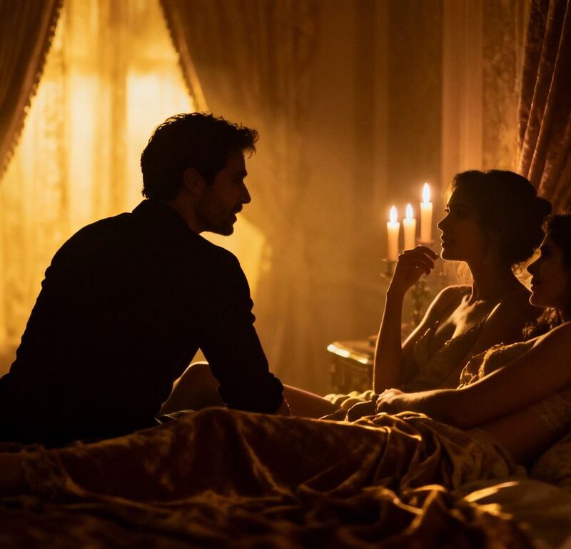 Couples in a dimly lit, luxurious bedroom.