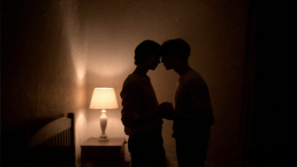 Couples in a dimly lit room, exploring intimacy.