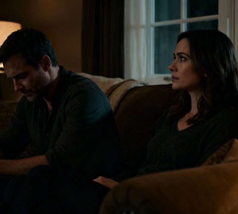 Couples in a living room contemplating relationship dynamics.