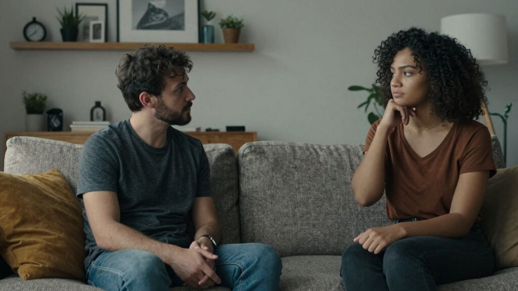 Couples in a living room discussing relationships.