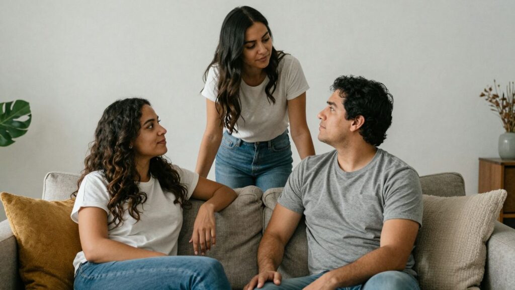 Couples in a relaxed setting, exchanging knowing glances.