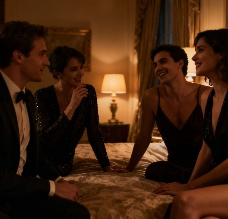 Couples in elegant attire at a sophisticated party.