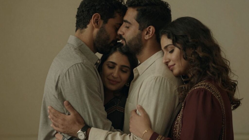 Couples in intimate embrace, exploring relationship dynamics.